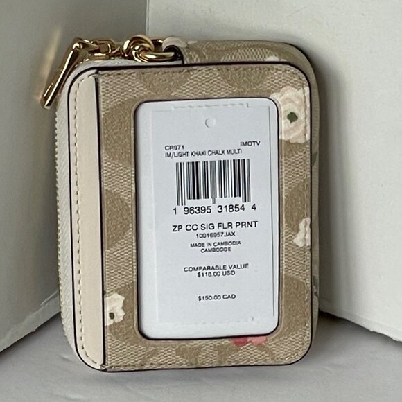Coach Zip Card Case Pink Floral CR971 ID Wallet Beige Canvas Leather Chain Strap - Picture 2 of 7